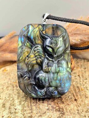Nature Labradorite Meditate Nine Tails Fox Pendant Necklace